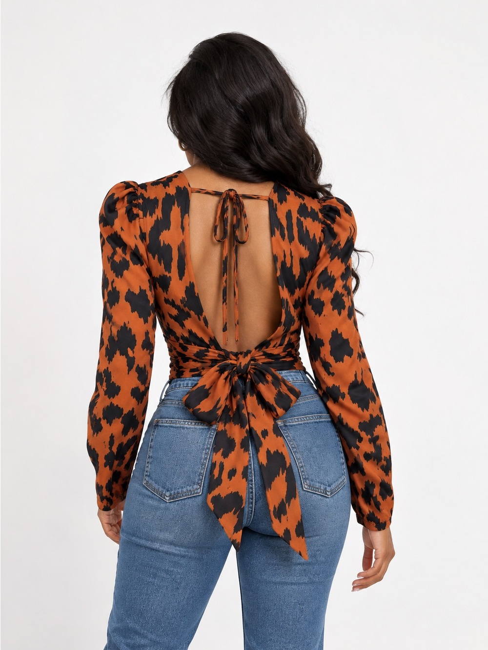 Orange/Black Animal Print Puff Sleeve Open Back Tie Top